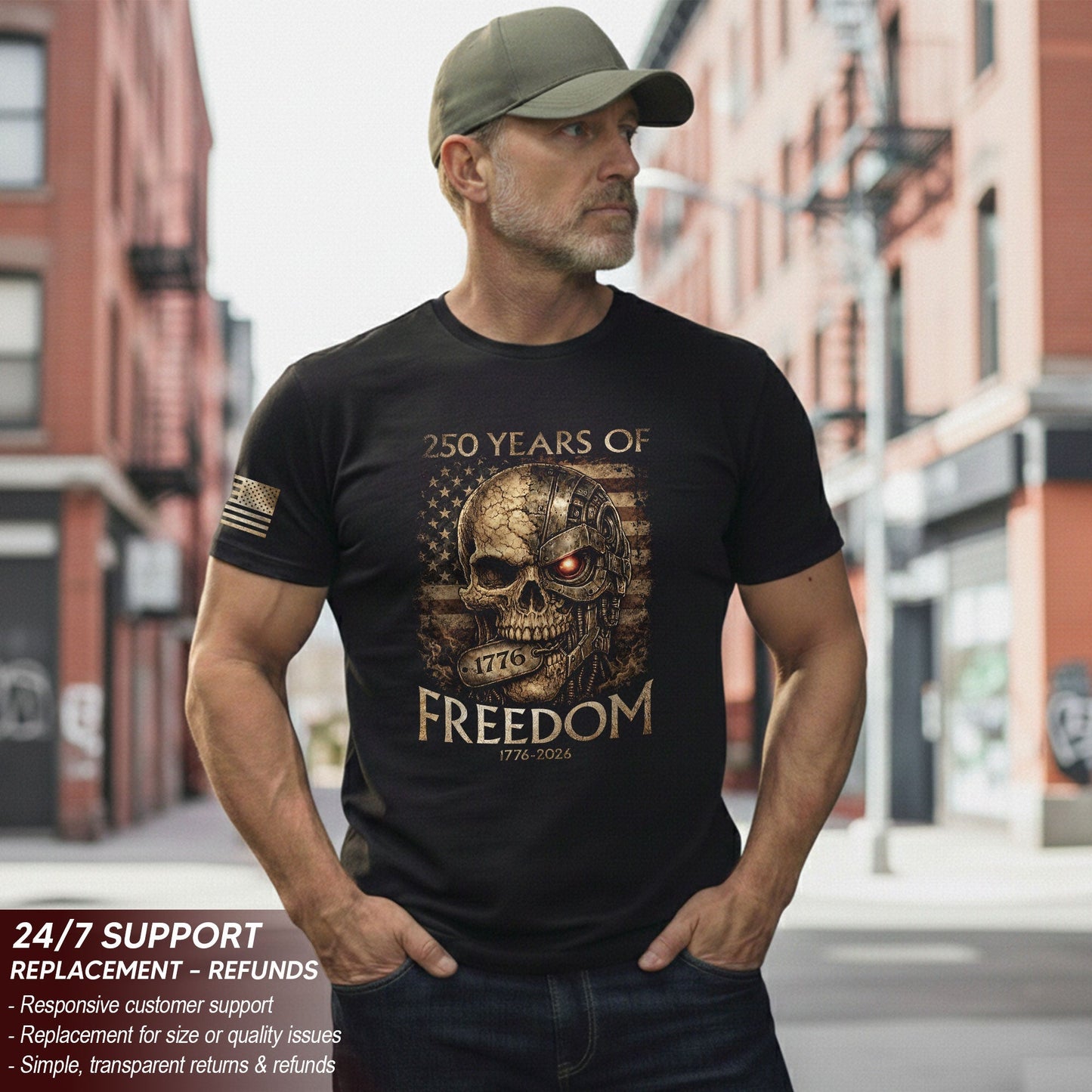 USA 250th Anniversary 250 Years Shirt 1776-2026 Mental Strength Freedom Cyborg Skull Patriotic Mens
